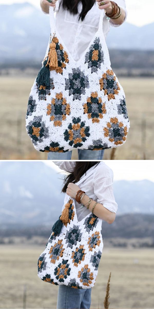A woman holding a crochet tote bag with floral patterns and tassels, set against a natural landscape.