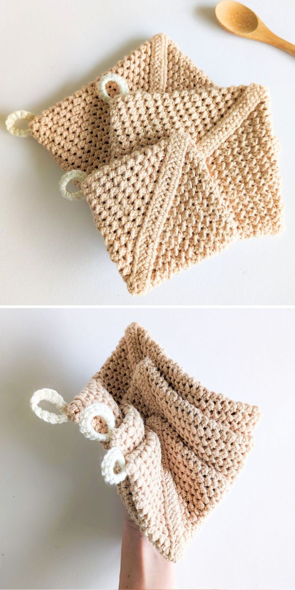 three crochet potholders in neutral colors