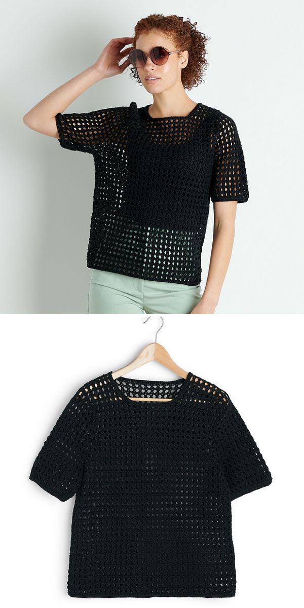 a woman wearing a black mesh crochet top