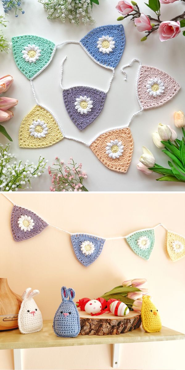 A colorful crochet bunting and easter-themed crochet amigurumi decorations displayed for spring.