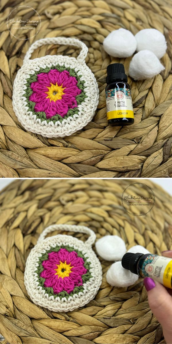 a small crochet pouch with a flower design