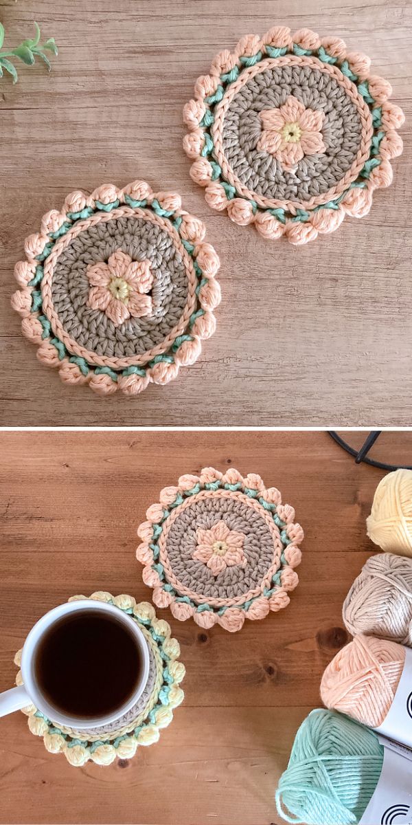 two crochet flower coasters in pastel colors