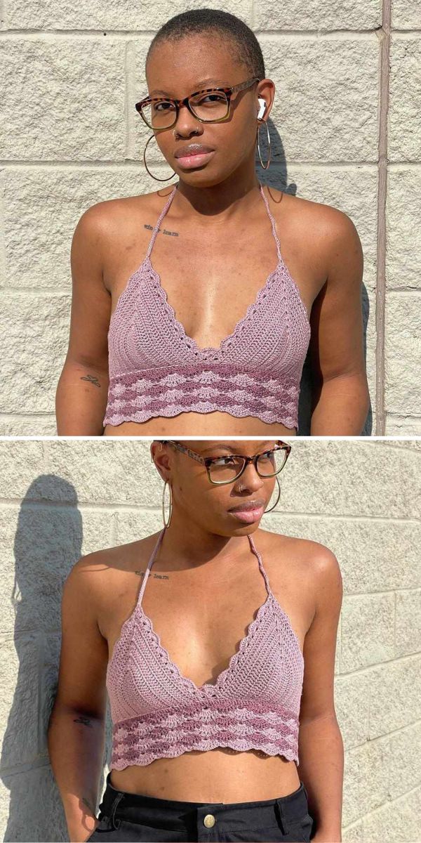 a woman wearing a crochet crop top in a violet color