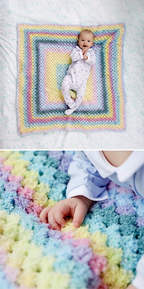 a baby on a square colorful crochet blanket