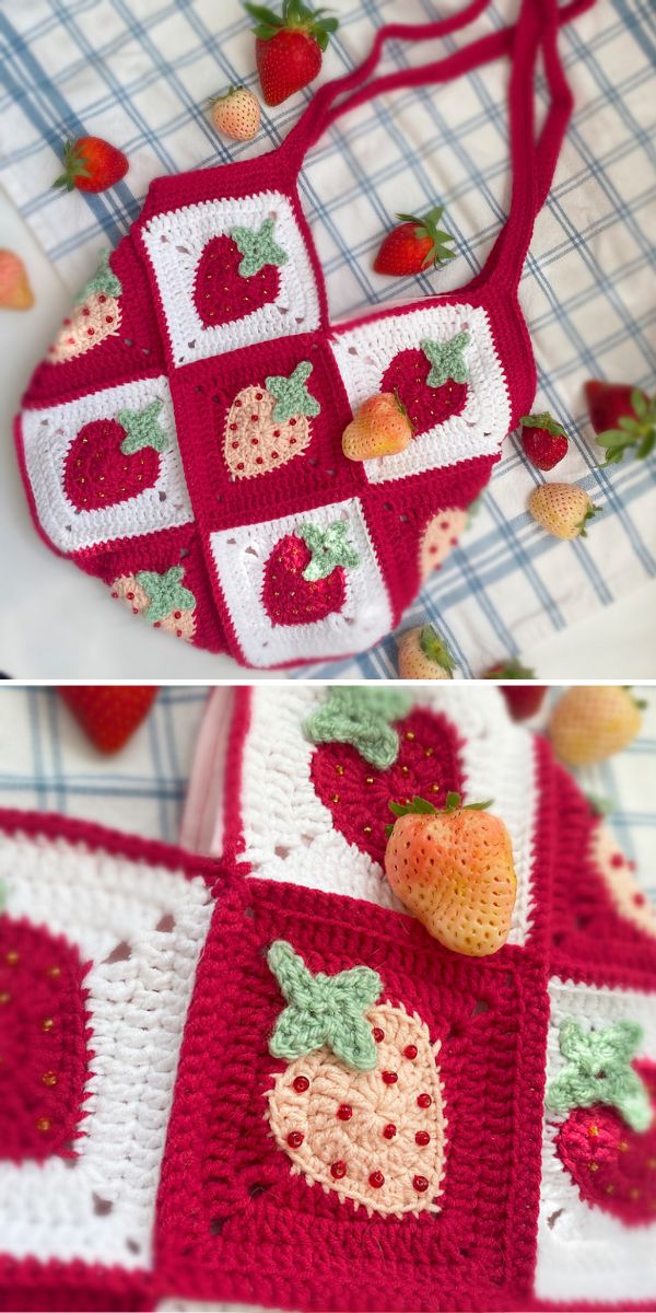 a crochet tote bag made of granny squares with a strawberry design