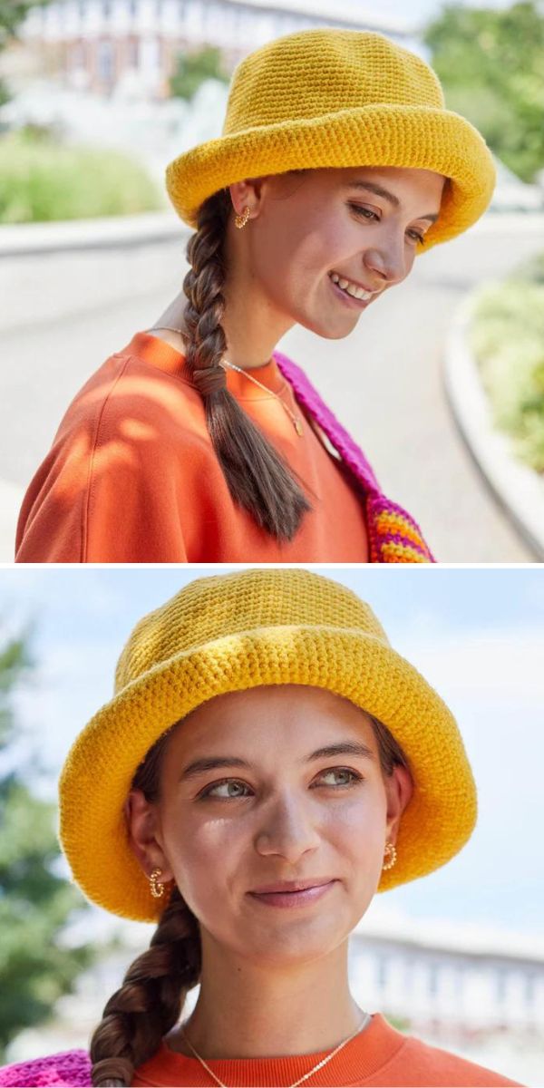 a woman wearing a yellow crocheted bucket hat