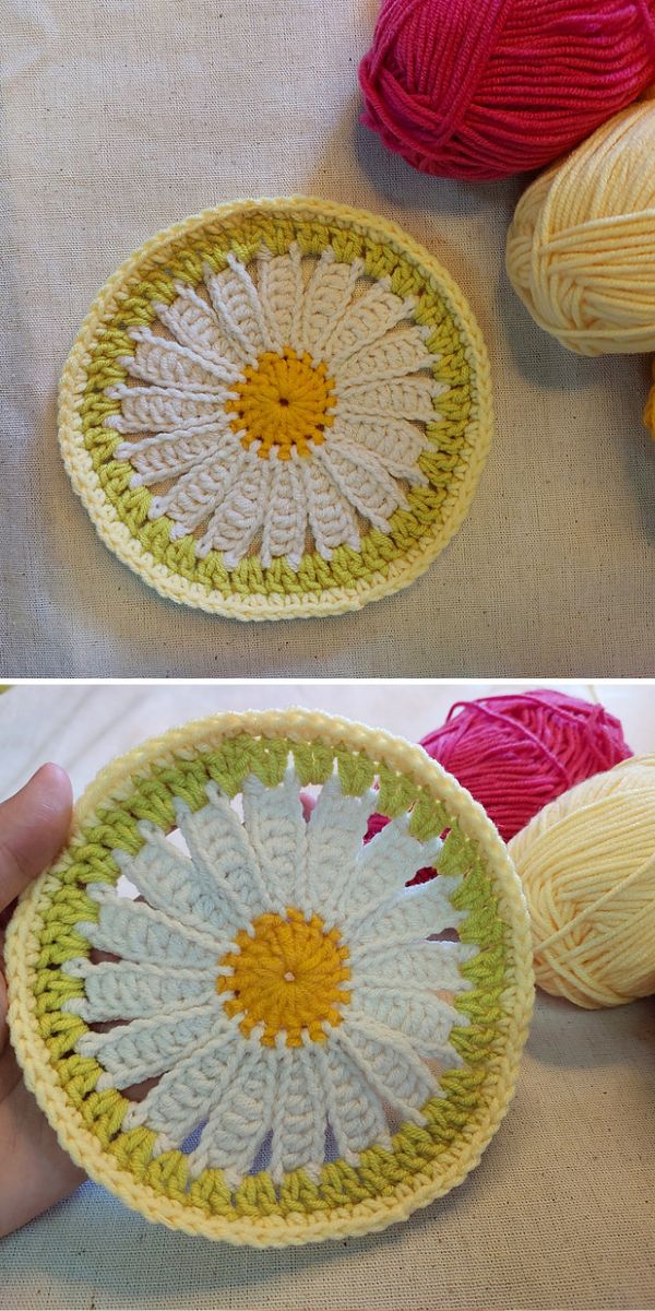 a daisy flower crochet coaster