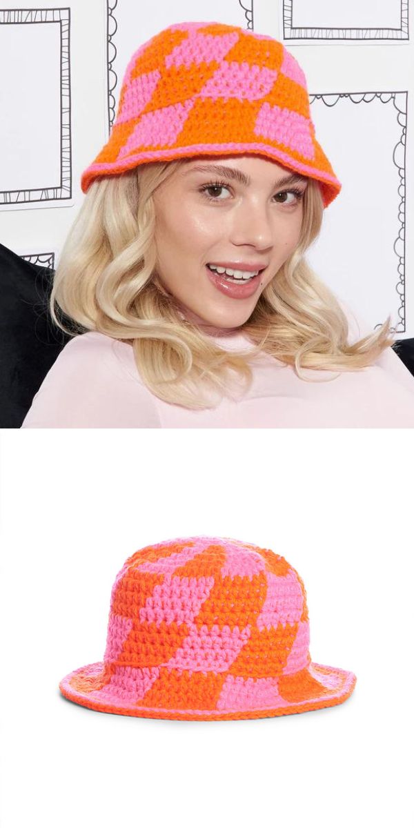 a woman wearing a vibrant crochet bucket hat 