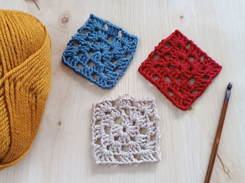 three crochet granny squares