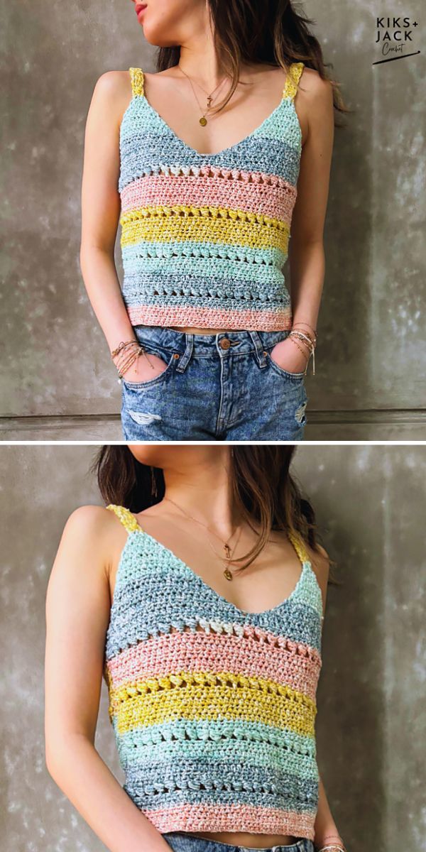 a woman wearing a colorful crochet tank top