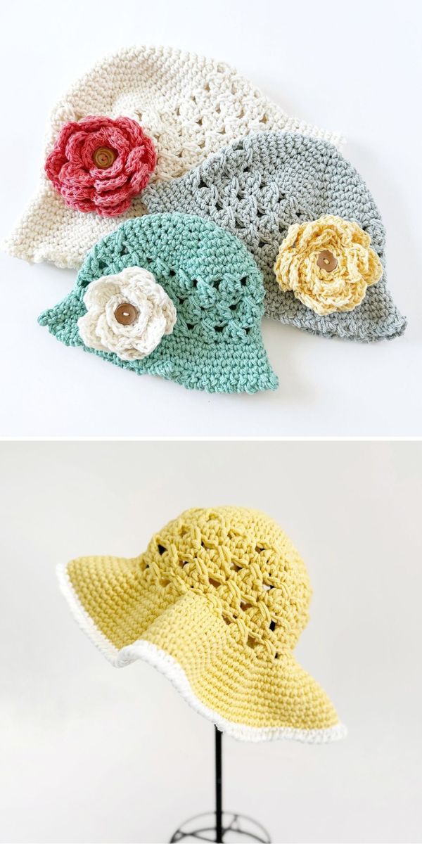 crocheted bucket hats with flower embelishments 