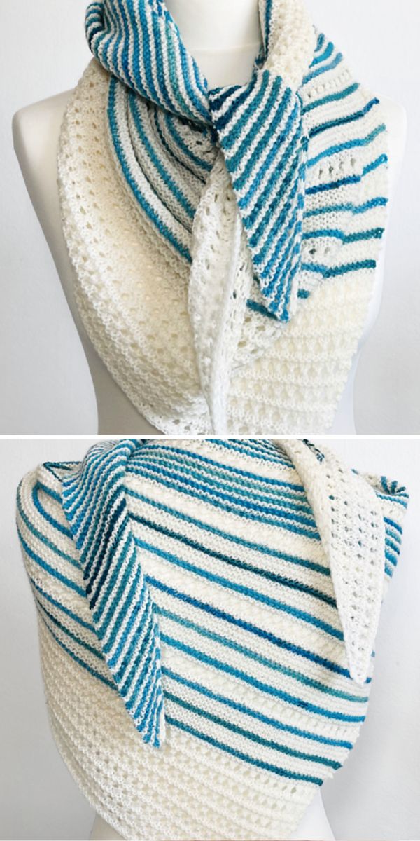 a lace knit shawl in blue and white