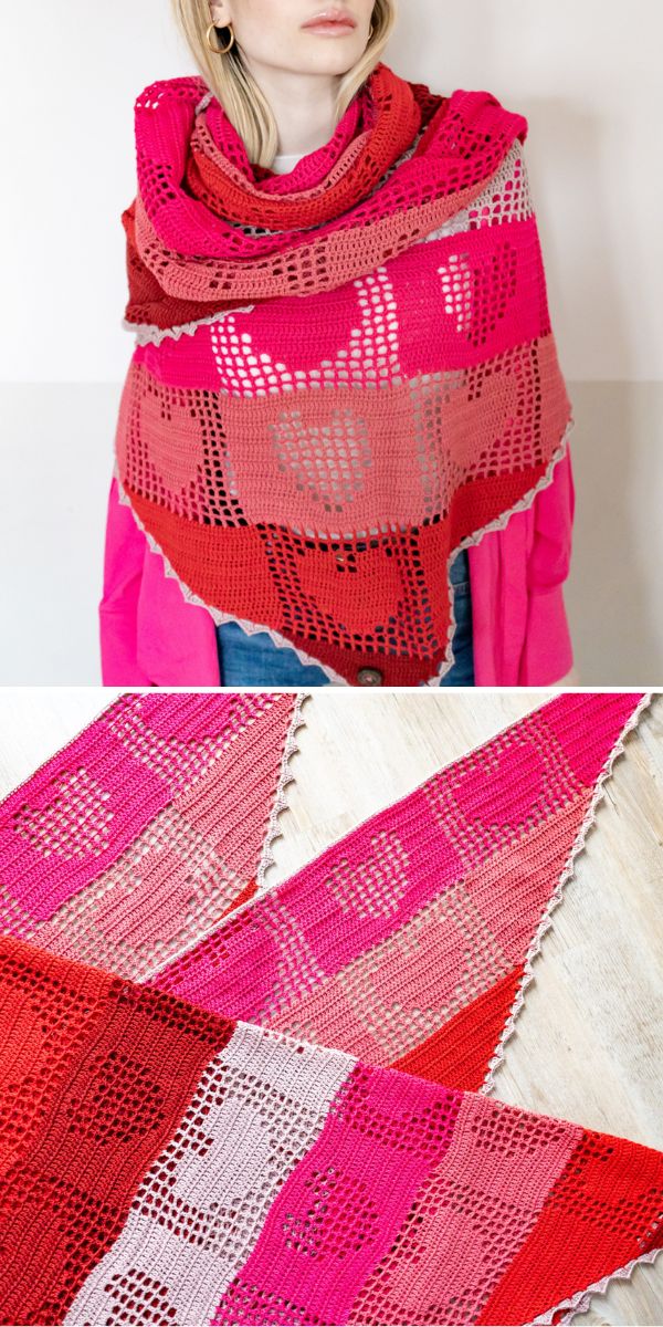 a woman wearing a crochet shawl with heart motifs