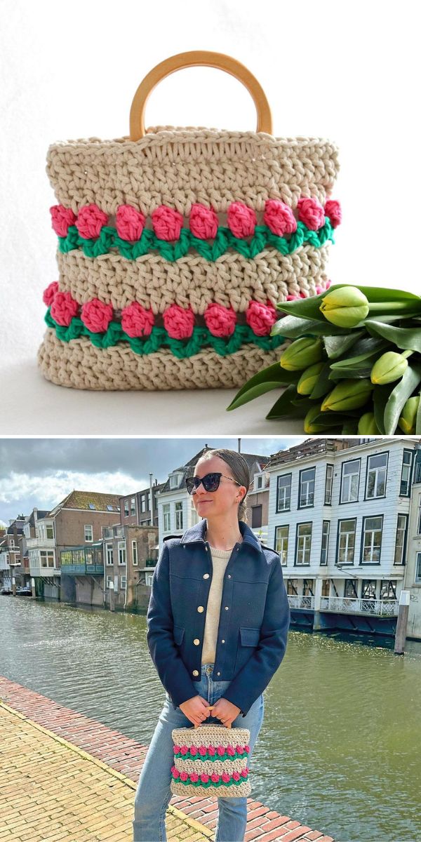 a woman holding a crochet bag with tulip stitches