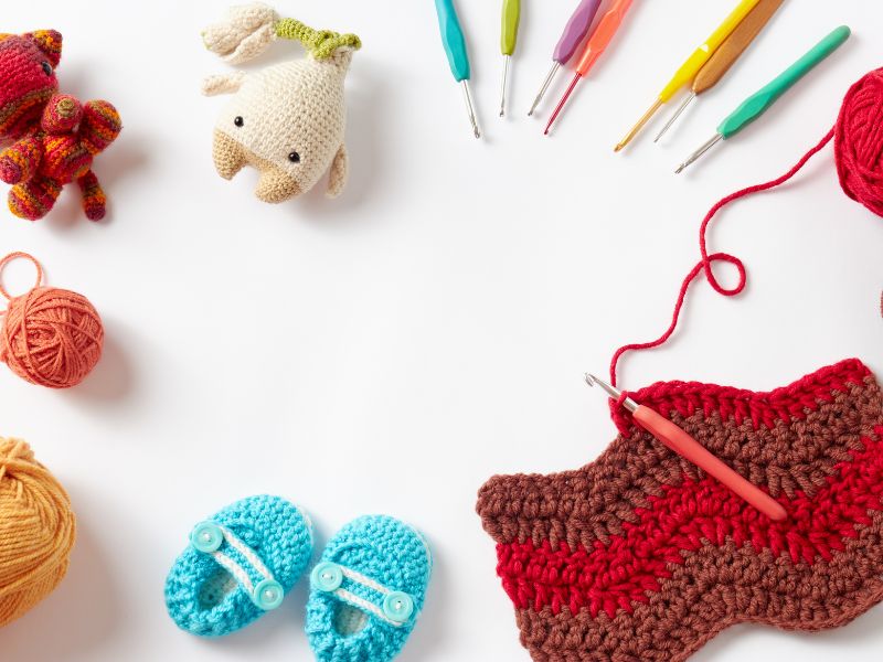 a set of different crochet items