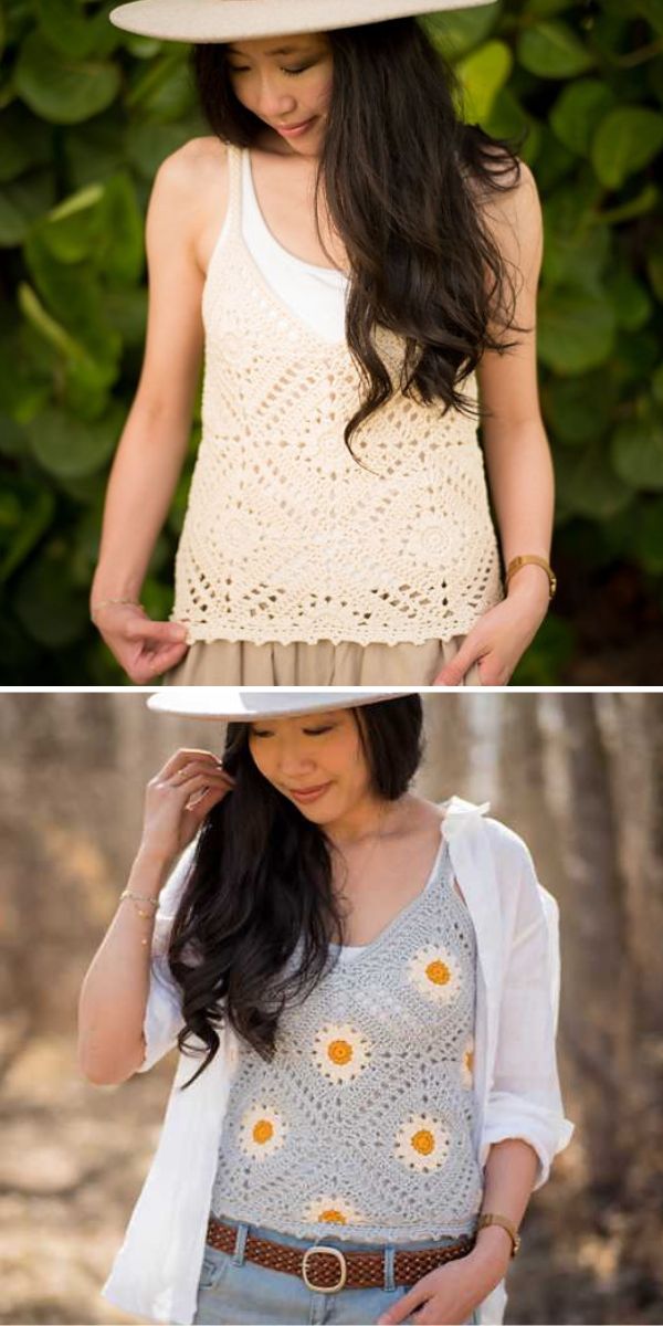 a woman wearing two crochet granny square tank tops in different colors