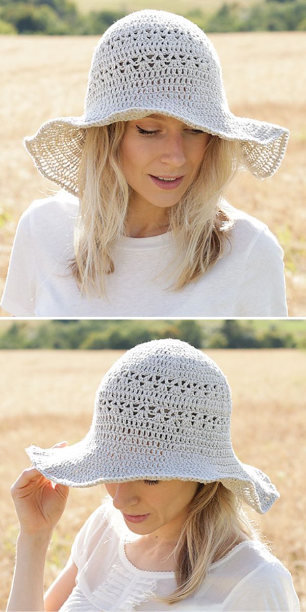 a woman wearing a crochet hat with a wide brim