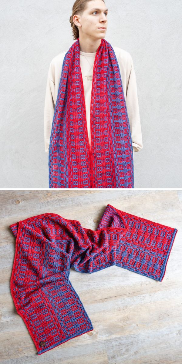 a man wearing a vibrant crochet scarf