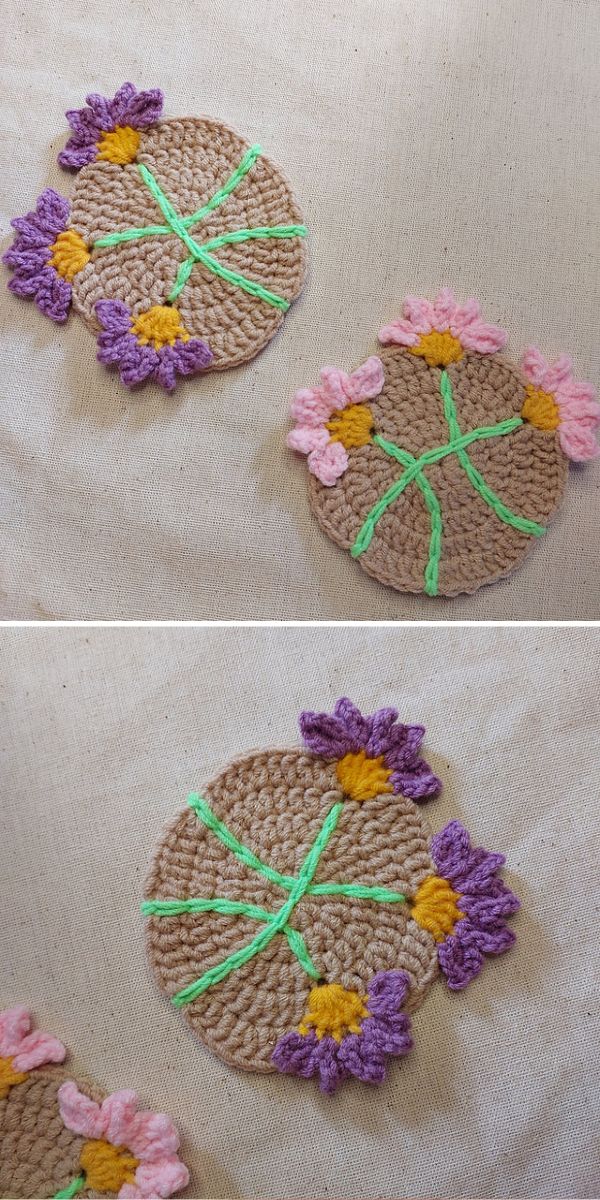 crochet coasters with flower embelishments