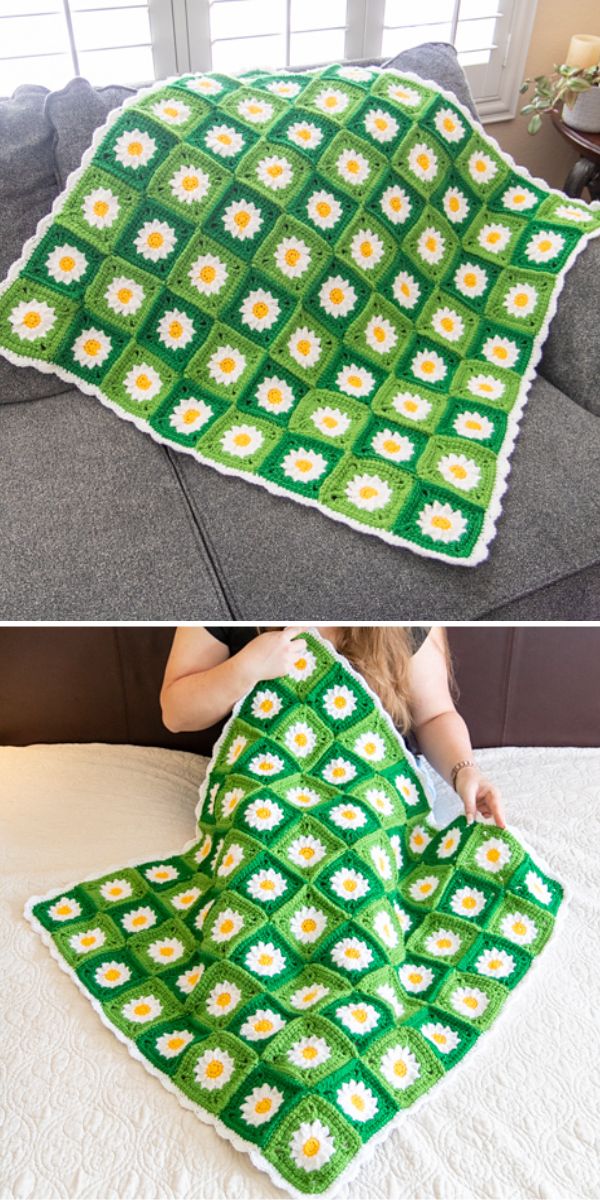 a green crochet blanket made of daisy granny squares