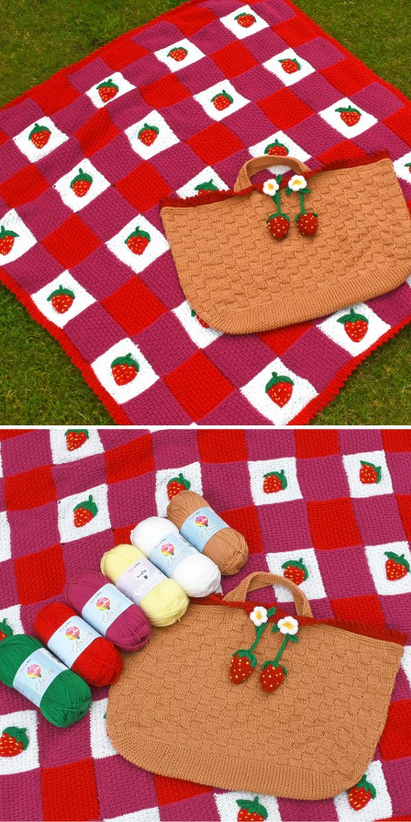 a red knitted blanket made of squares with strawberries