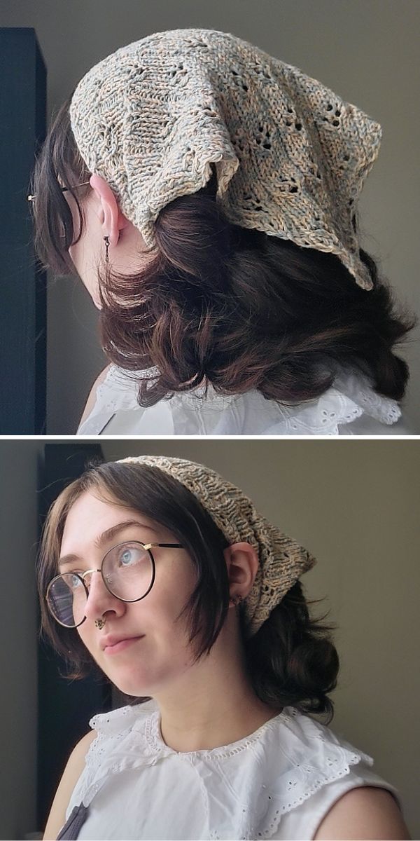 a woman wearing a knitted kerchief in a neutral color