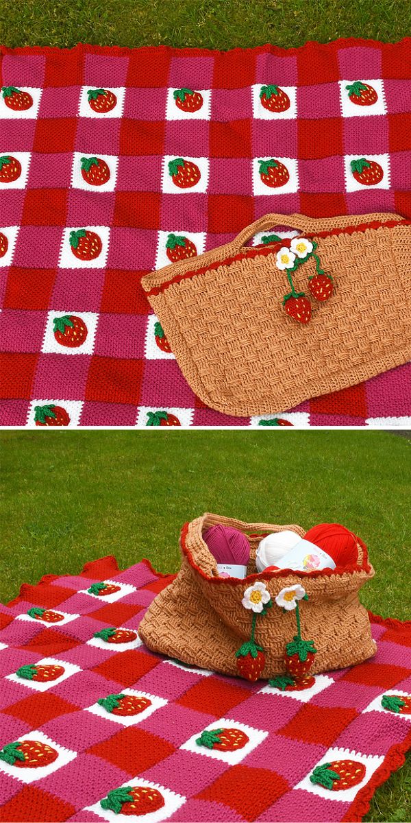 a crochet blanket with strawberry squares