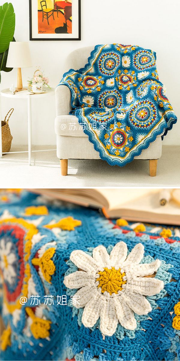 a crochet blanket with an intricate flower design