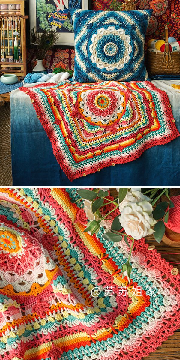 a crochet blanket with an intricate lace design 