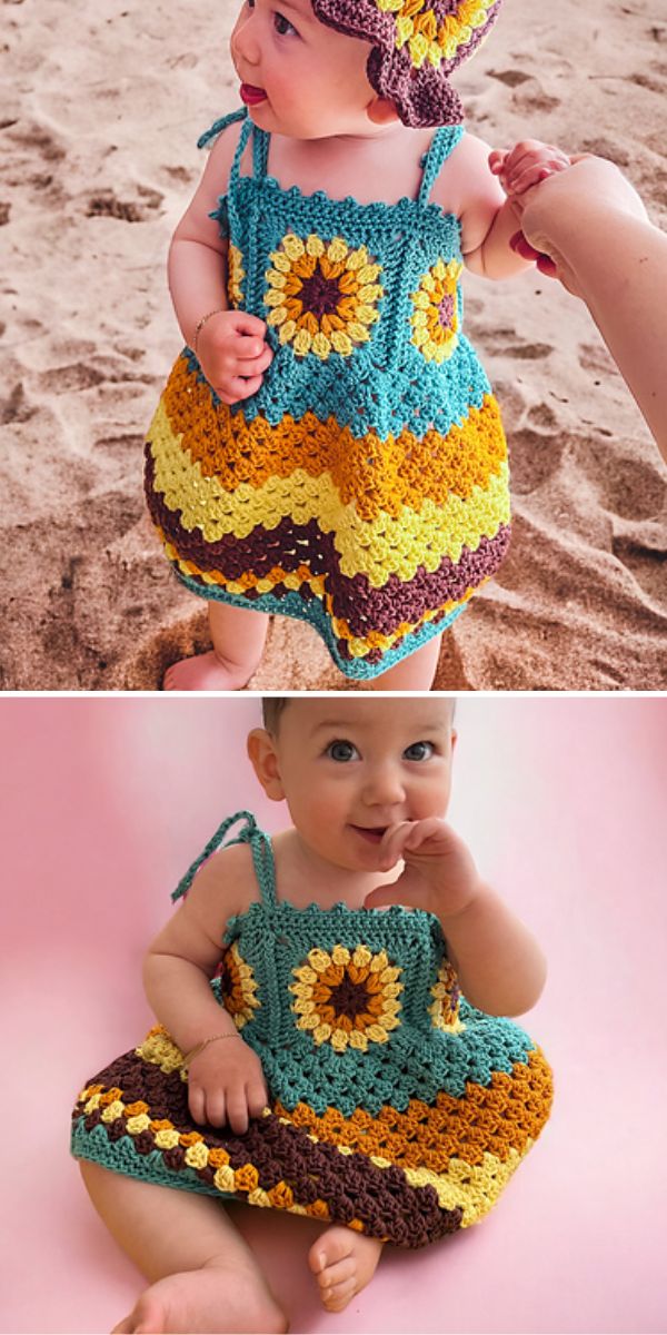 a baby girl wearing a crochet summer dress with a sunflower motif