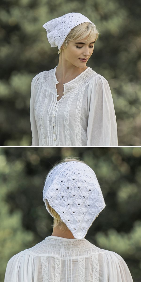 a woman wearing a white knitted kerchief