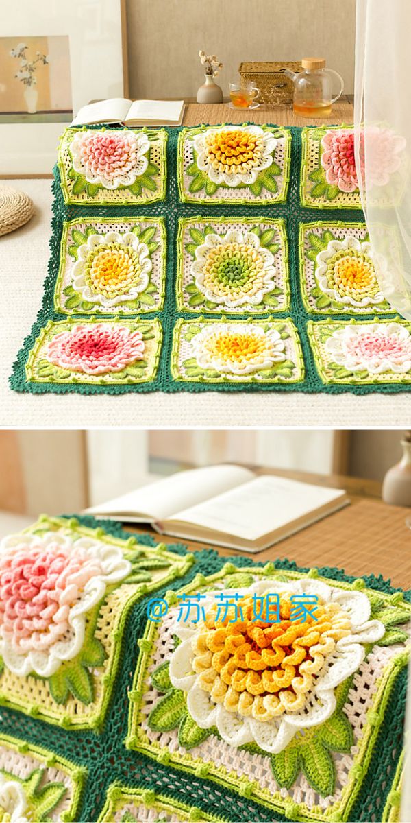 a crochet blanket with intricate flower granny squares