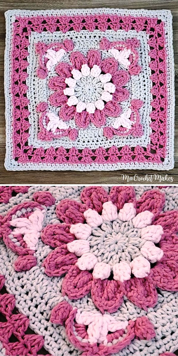 a pink crochet granny square with an intricate flower design