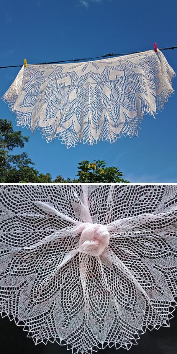 a white knitted shawl with a lace design