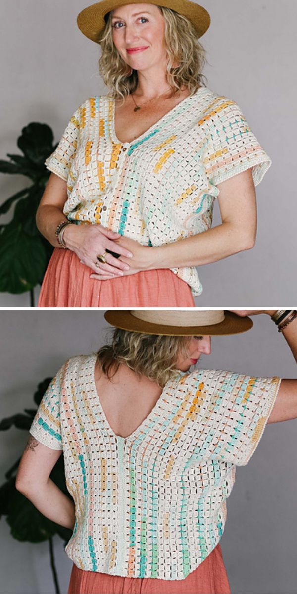 a woman wearing a crochet top in light colors
