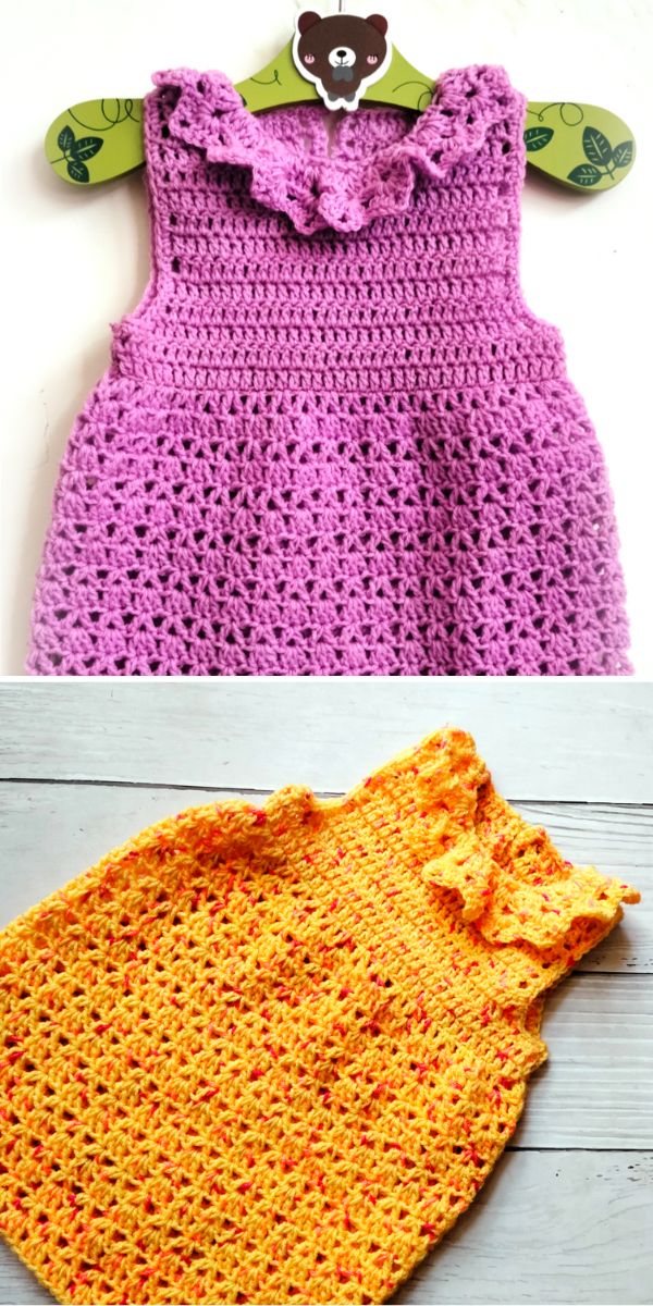 two crochet babby dresses in purple and orange