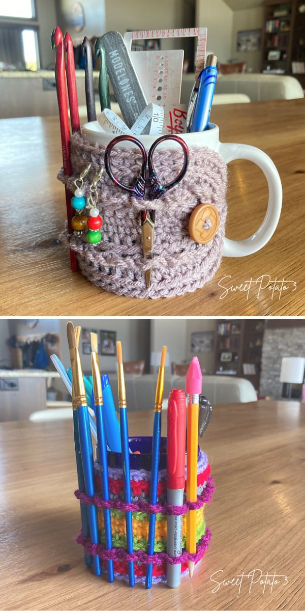 a crochet mug organizer cozy