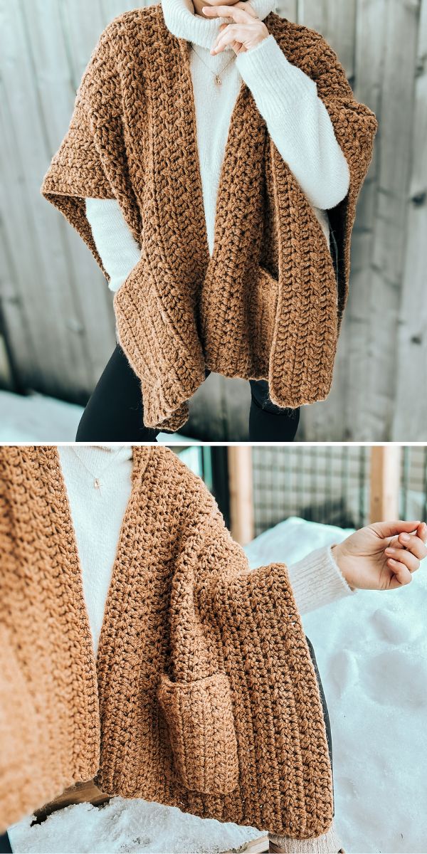 a brown crochet pocket shawl