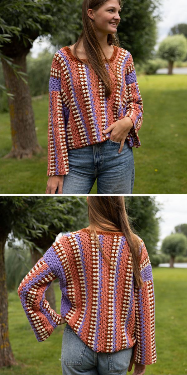 a woman wearing a crochet granny sweater