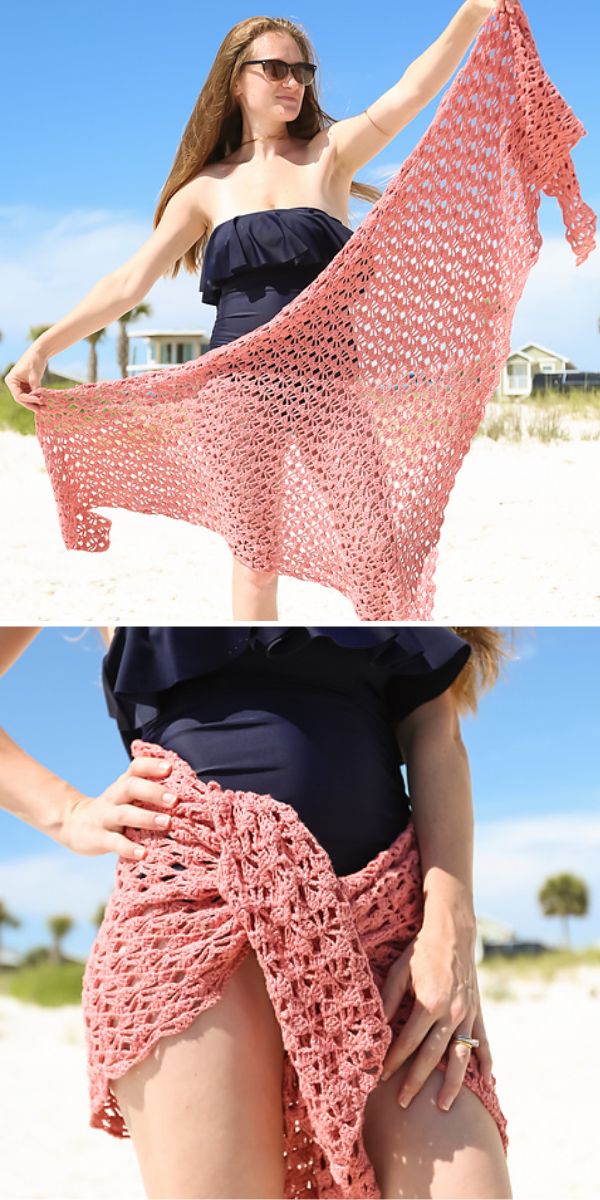 a woman wearing a pink crochet cover-up
