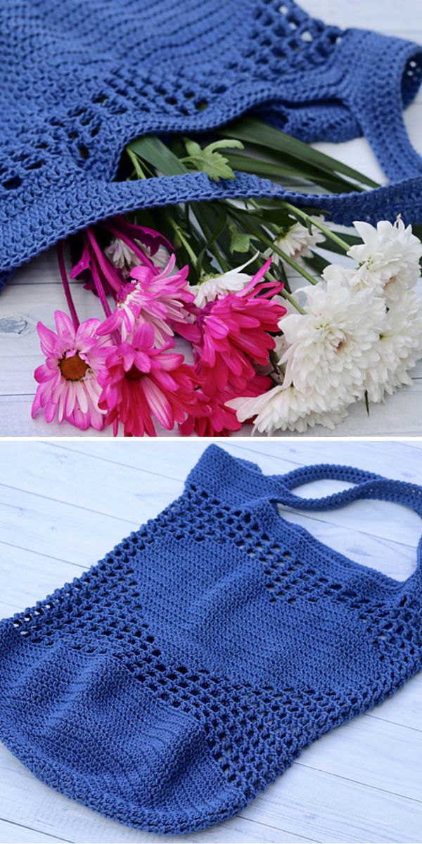 a blue crochet market bag