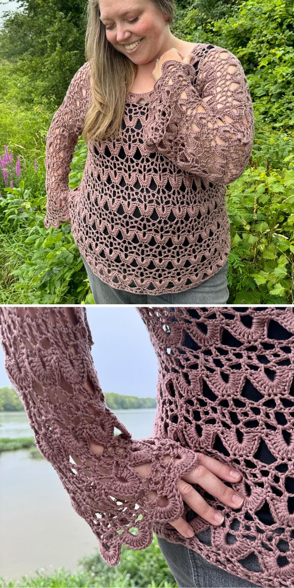 a woman wearing a lace crocheted pullover