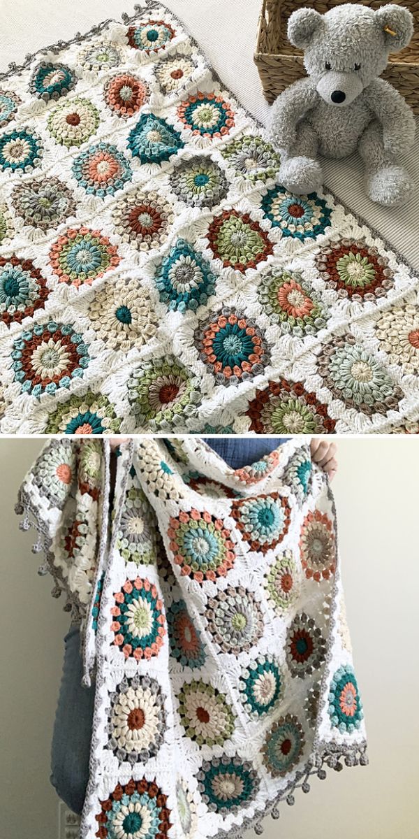 a crochet blanket made of sunburst granny squares