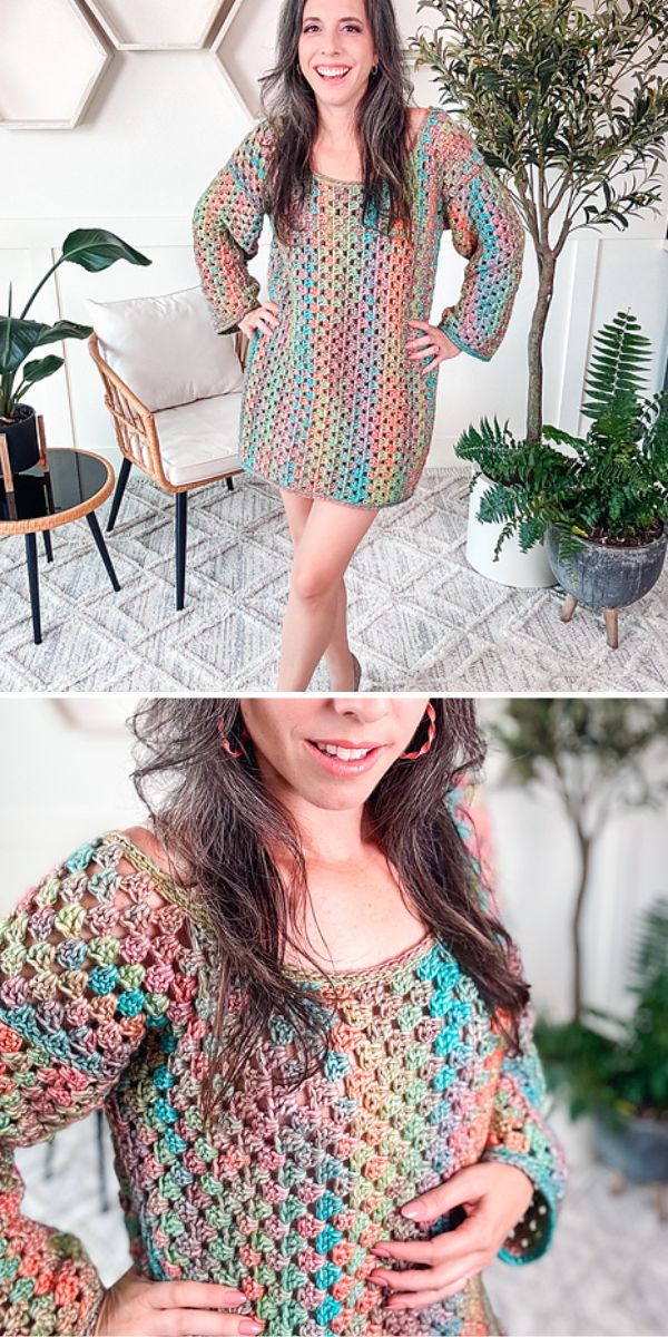 a woman wearing a colorful crochet dress
