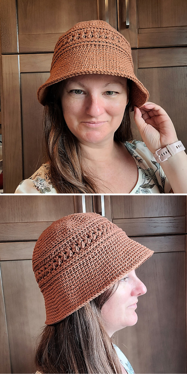 a brown crochet bucket hat