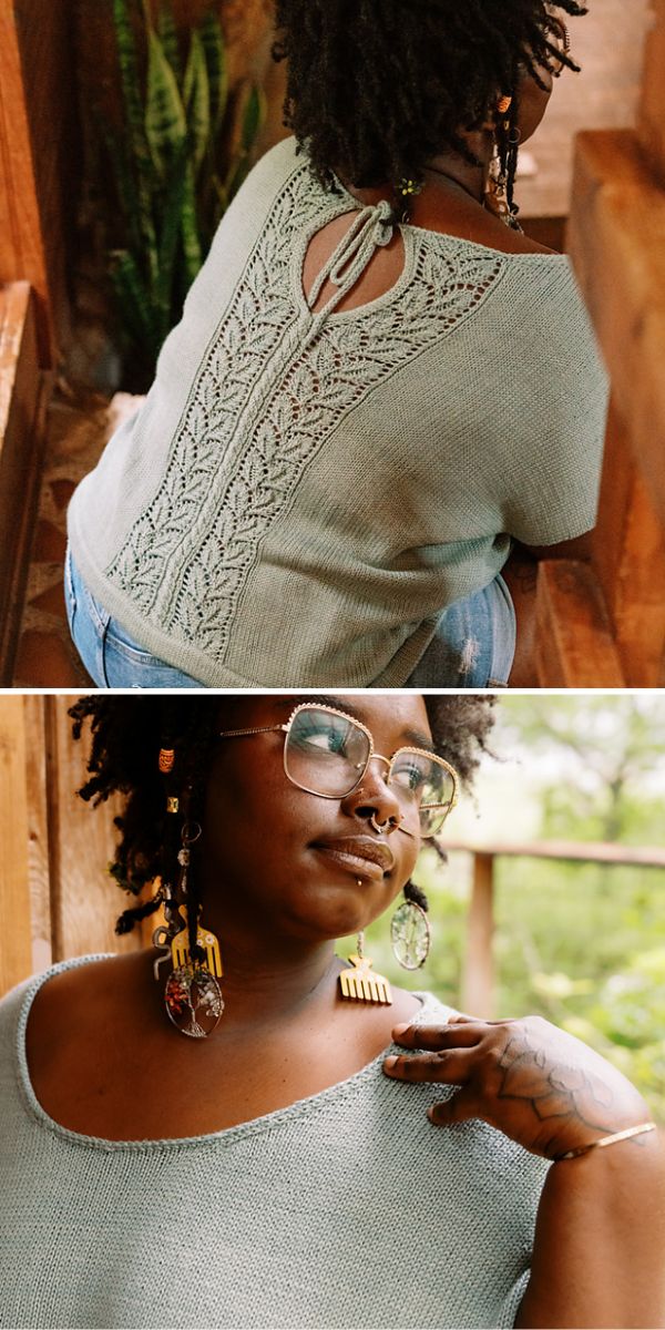 a woman wearing a knitted top with an intricate back design