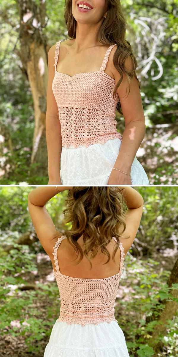a woman wearing a pink crochet tank top