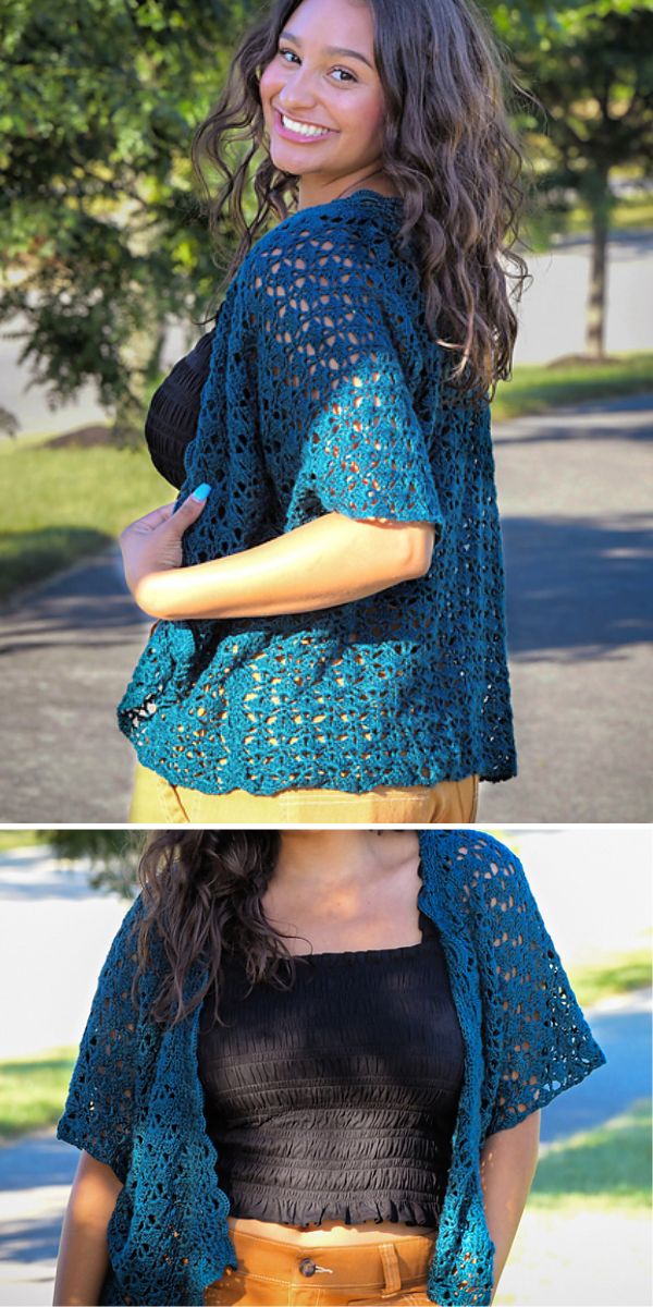 a woman wearing a lace crochet cardigan