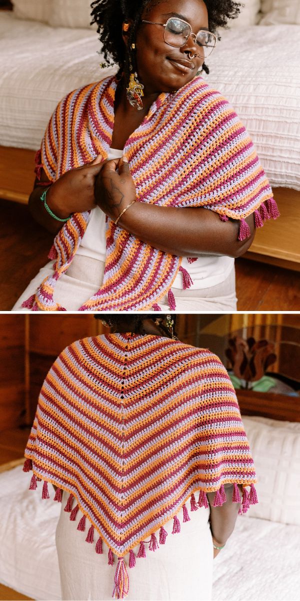 a colorful crochet shawl with a striped design