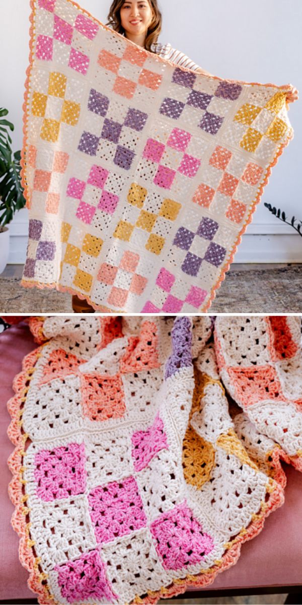 a crochet blanket made of colorful squares